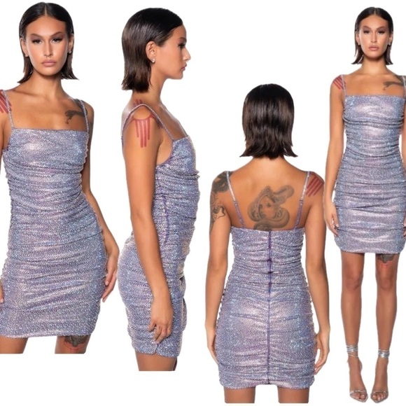 Akira BETTER THAN EVER RUCHED Sleeveless RHINESTONE MINI DRESS In Blue L NWOT - Picture 2 of 13